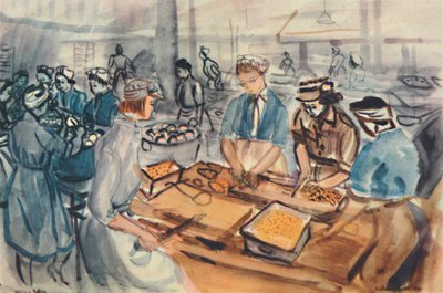 Leikkaaminen ja kuorinta. A.T.S. ruoanlaittokeskus, 1944. tekijältä Anthony Gross