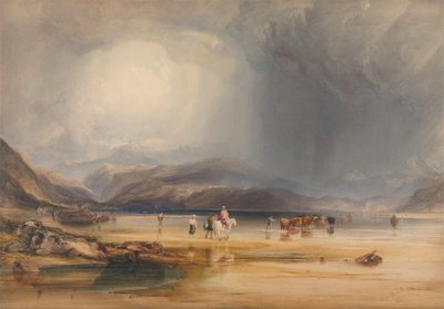 Näkymä Snowdonista Traeth Mawrin hiekkarannalta, otettu Fordilla Pont Aberglaslynin ja Tremadocin välillä tekijältä Anthony Vandyke Copley Fielding