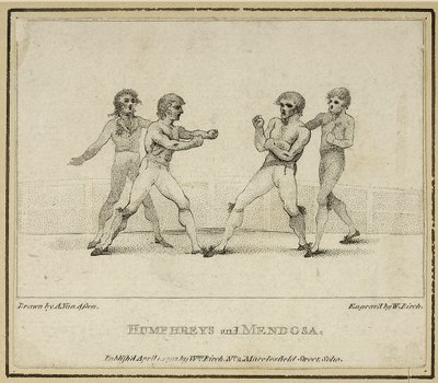 Humphreys ja Mendoza, William Birchin kaivertama, julkaistu vuonna 1792 (litho) tekijältä Anthony van (after) Assen