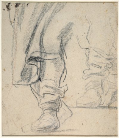 Miehen saappaat jalat ja alaspäin laskeutuva viitta (musta ja punainen liitu paperille) tekijältä Anthony van Dyck