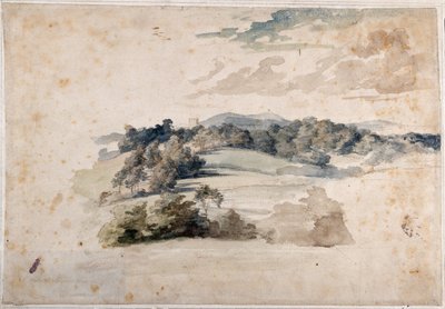 Englantilainen maisema niittyineen ja metsäisine kukkuloineen (lyijykynä ja vesiväri paperille) tekijältä Anthony van Dyck