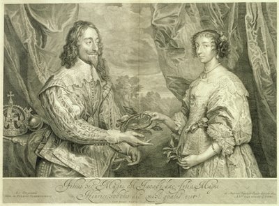 Kaarle I (1600-49) ja Henrietta Maria (1609-69), George Vertuen (1684-1756) kaiverrus vuosien 1634, 1742 maalauksen jälkeen tekijältä Anthony van Dyck