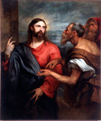 Kristuksella on valuutta tai "" kunnianosoitus"" Antonia Van Dyckin (1599-1641) maalaus 1623-1624 Sun. 140x120 cm Genes, Galleria di Palazzo Bianco tekijältä Anthony van Dyck
