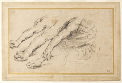 Kuva miehestä, joka kumartuu eteenpäin oikea käsi ojennettuna; kolme tutkimusta oikeasta kädestä ja yksi vasemmasta kädestä samalle hahmolle (liitu paperille) tekijältä Anthony van Dyck