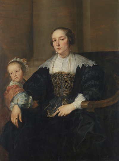 Saksa: Bildnis der Anna van Thielen, Gattin des Malers Theodoor Rombouts, mit ihrer Tochter Anna Maria Muotokuva Anna van Thielenistä, taidemaalari Theodor Romboutsin vaimosta ja heidän tyttärestään Anna Mariasta. tekijältä Anthony van Dyck