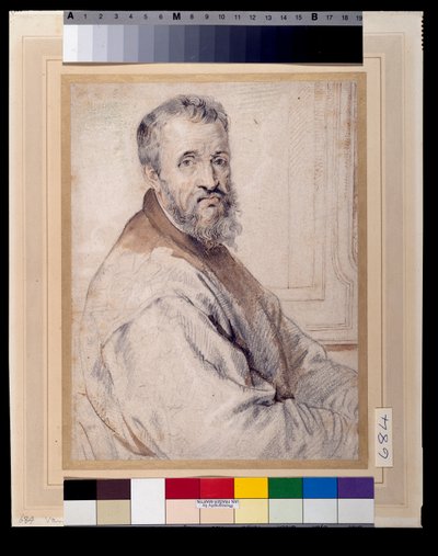 Michelangelo, jonka uskotaan olevan Bugiardinin tai Federico Zuccaron jälkeen (punaiset ja mustat liidut kynällä ja musteella pesulla paperilla) tekijältä Anthony van Dyck