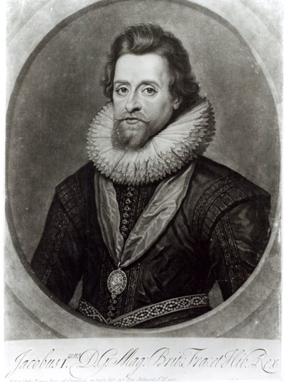 Muotokuva James I:stä (1566-1625) Nicholas Hilliardin (1547-1619) pienoismallin mukaan vuodelta 1617, kaiverruksen George Vertue (1684-1756) tekijältä Anthony van Dyck