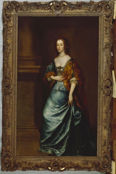 Muotokuva Mary Villiersistä, Lennoxin ja Richmondin herttuattaresta sinisessä mekossa ja ruskeassa kääreessä pylvään vieressä tekijältä Anthony van Dyck