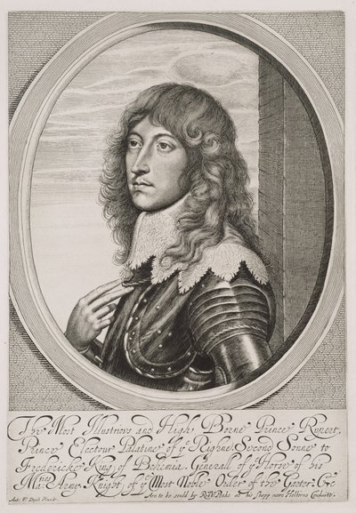 Prinssi Rupertin (1619-82), Reinin kreivin Palatinuksen ja Baijerin herttuan muotokuva, kaiverrus William Faithorne (1616-91) tekijältä Anthony van Dyck