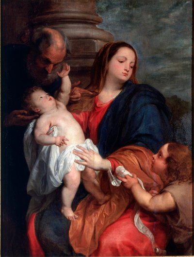 Antonie Van Dyckin (1599-1641) Pyhä perhe maalaus 1621-1625 noin. Aurinko. 123x94 cm Genes, kokoelma Banca Carige tekijältä Anthony van Dyck