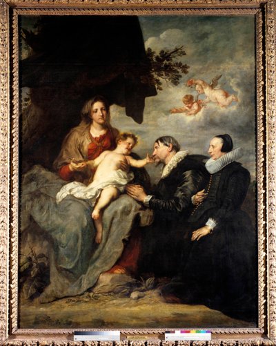 Neitsyt saa lapsen lahjoittajille Lahjoittajapariskunta 1500-luvun tyyliin mansikkalla verhoiltua. Anton Van Dyckin (1599-1641) maalaus 1600-luvun aurinko. 2,5x1,91 m tekijältä Anthony van Dyck