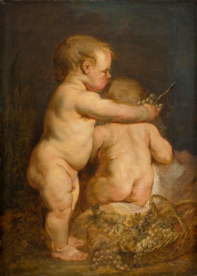 Kaksi alastonta lasta viinirypäleiden kanssa, n.1630-40 (öljy tammelle). tekijältä Anthony van Dyck