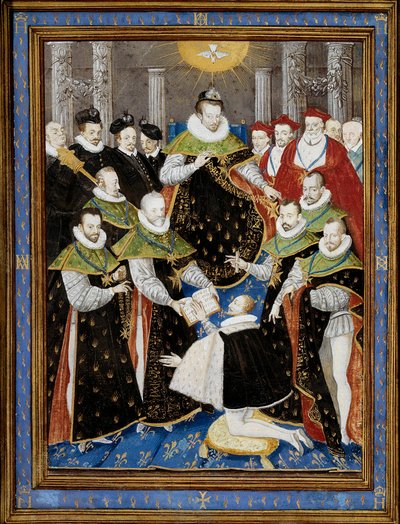 Kuningas Henrik III (1551-1589) Pyhän Hengen ritarikunnan ensimmäistä seremoniaa johtamassa vuonna 1587 William Richardieren (1500-luku) pienoismalli Antoine Caronin (1521-1599) mukaan 1587 Chantilly, Musee Conde - Kuningas Henrik III (15 tekijältä Antoine (after) Caron