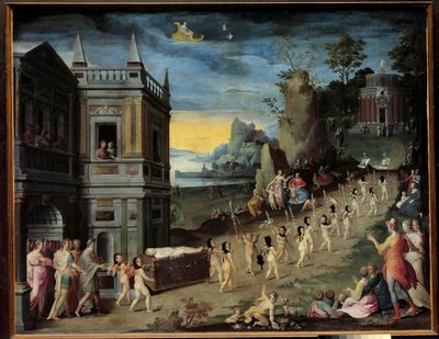 Allegoria: rakkauden hautajaiset Eroksen ruumista kantava hautajaiskulkue suuntaa kohti Venuksen temppeliä. Antoine Caronin (1521-1599) työpajan maalaus tekijältä Antoine (studio of) Caron
