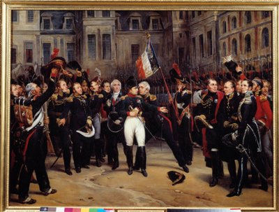 Luopuminen 1814 - "" Napoleon Bonaparten (1769-1821) jäähyväiset keisarilliselle vartijalle Cheval Blancin pihalla Fontainebleaussa 20.4.1814"" Antoine Montfortin (1802-1884) maalaus 1800-luku. 0,98x1,3 m tekijältä Antoine Alphonse Montfort