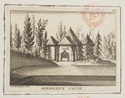 Näkymä Merlinin luolalle, Kew Gardens, kuvitus aiheesta "Lysons" Environs of London, n. 1750 (kaiverrus) tekijältä Antoine Benoist
