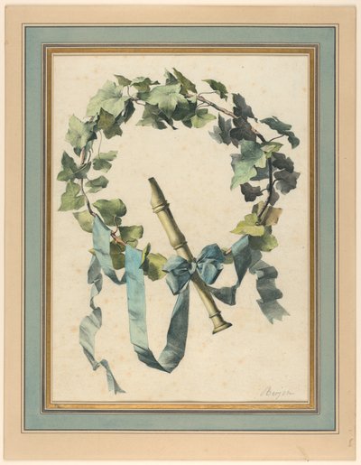 Piirros, pokaali, jossa huilu, kateenkorva ja sininen nauha, 1780-90 tekijältä Antoine Berjon