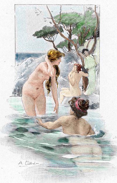 Homeren Odyssee: "Nausicaa, kuningas Alcinousin tytär ja hänen palvelijatonsa pesemässä vaatteitaan joessa" Antoine Calbetin (1860-1944) kuvitus kreikkalaisen runoilijan Homeren "Odysseia" (Homerin Odysseia) 1897 Yksityinen kokoelma tekijältä Antoine Calbet