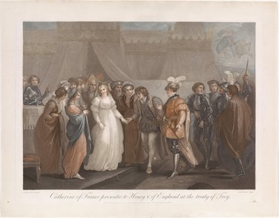 Catherine van Valois ja koning Hendrik V van Engeland Ranskalainen Catharine esitettiin Englannin Henry V.:lle Troijan sopimuksessa (otsikko esineessä) tekijältä Antoine Cardon