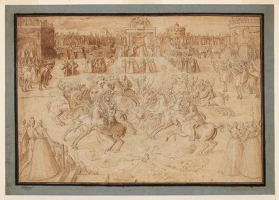 Ratsastuspeli, jossa ratsastajat kisaavat ilotulitteiden keskellä, 1575-n. 1580 tekijältä Antoine Caron