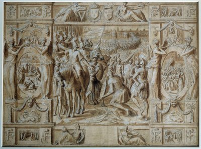 Milanon alistaminen Francois I:n joukot valloittivat Milanon kaupungin voiton jälkeen Marignanin taistelussa vuonna 1515. Antoine Caronin (1521-1599) piirustus kynällä ja pesulla 1500-luvun Pariisi, Louvre-museo tekijältä Antoine Caron