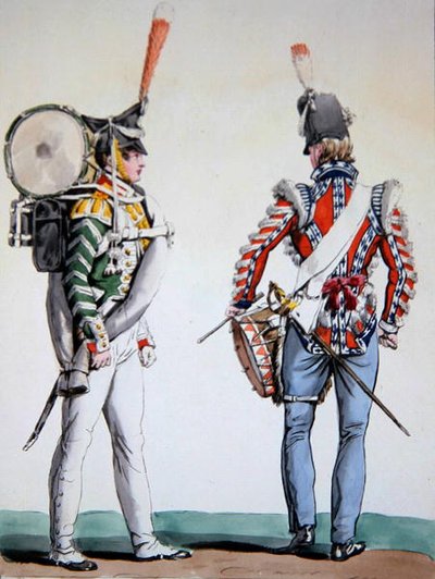 Englantilaiset ja venäläiset rumpalit (litho) tekijältä Antoine Charles Horace Vernet