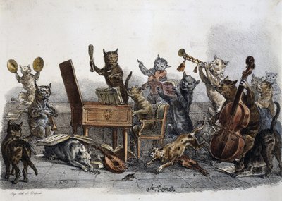 Amatöörikonsertti, pilakuva soittimia soittavista kissoista, Carle Vernet