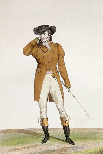 Dandy pukeutuneena veneenmuotoiseen hattuun, tummaväriseen takkiin ja takkihousuihin, kilve 1 Incroyable et merveilleuses -muotikilpisarjasta, kaiverrus Georges Jacques Gatine (1773-183) tekijältä Antoine Charles Horace Vernet