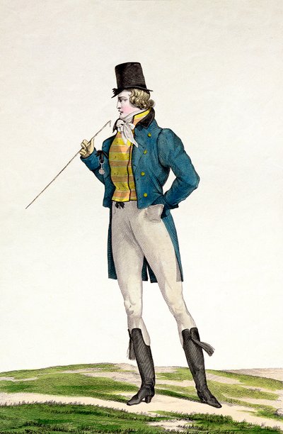 Dandy, jolla on Robinson-hattu, lapsenomaiset kiharat, neulotut housut ja ratsastussaappaat, Georges Jacques Gatinen (1773-1831) kaiverrettu Incroyable et merveilleuse -muotilevysarjan levy 5. tekijältä Antoine Charles Horace Vernet