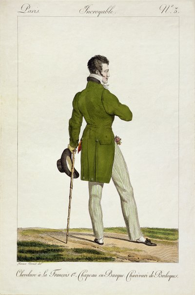 Dandy, jossa on "Francois I" -hiustyyli ja kokoelma hurmaa ja rihkamaa, levy 3 "Incroyable et merveilleuses" -muotilautassarjassa, kaiverrus Georges Jacques Gatine (1773-1831) pub tekijältä Antoine Charles Horace Vernet
