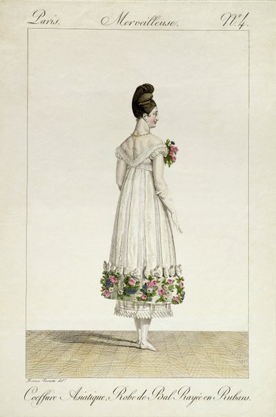 Nainen, jolla on aasialainen hiustyyli nauhoilla koristetussa pallomekossa, levy 4 Incroyable et merveilleuse -muotilevysarjasta, kaiverrus Georges Jacques Gatine (1773-1831), julkaissut 1 tekijältä Antoine Charles Horace Vernet
