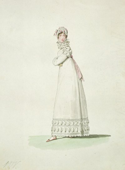 Tyylikäs nainen ulkomekossa, kuvitus teoksesta "Incroyables et Merveilleuses" tekijältä Antoine Charles Horace Vernet