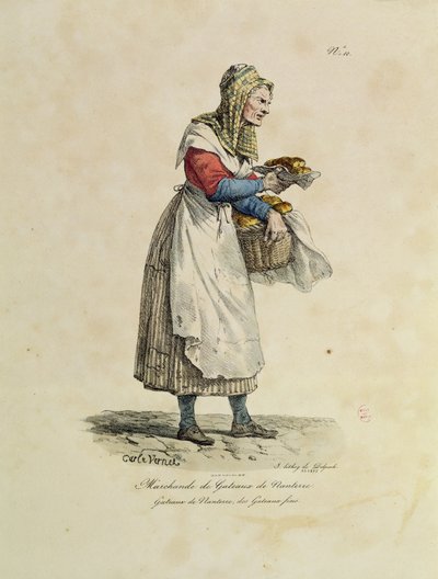 Nanterren kakkumyyjä, numero 10 Pariisin huudot -sarjasta, kaiverrus Francois Seraphin Delpech (1778-1825) (väri litho) tekijältä Antoine Charles Horace Vernet