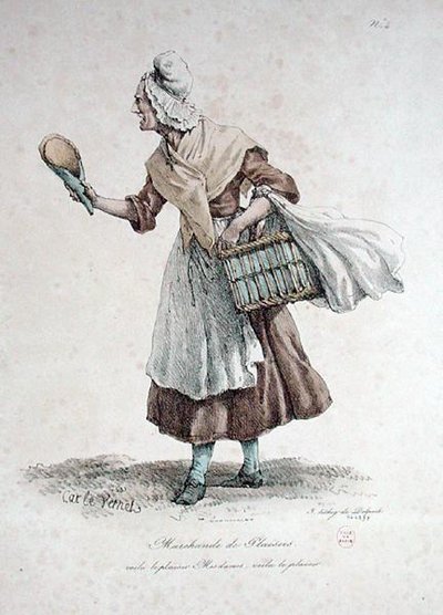 Leivonnaisten myyjä, numero 4 Pariisin huudot -sarjasta, kaiverrus Francois Seraphin Delpech (1778-1825) tekijältä Antoine Charles Horace Vernet