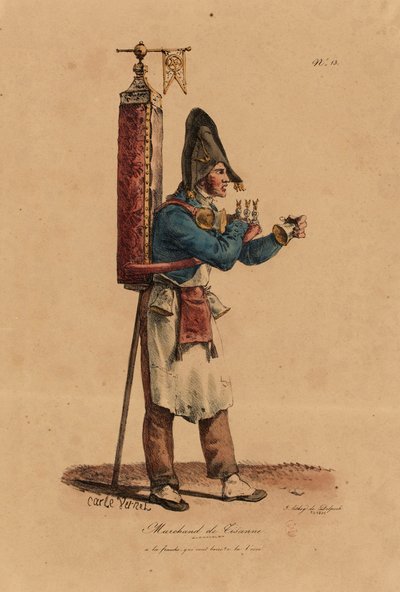 Tisanimyyjä, numero 13 Pariisin huudot -sarjasta, kaivertaja Francois Seraphin Delpech (1778-1825). tekijältä Antoine Charles Horace Vernet