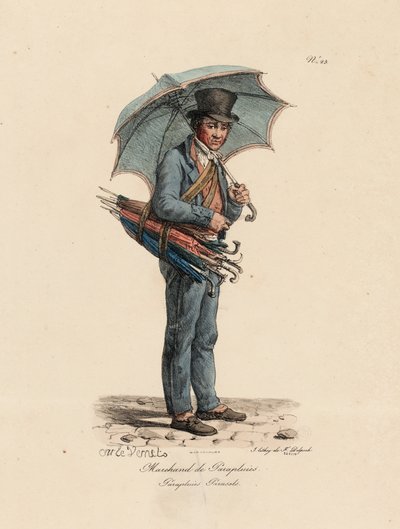 Sateenvarjo ja päivänvarjo myyjä, numero 23 Pariisin huudot -sarjasta, kaiverrus Francois Seraphin Delpech (1778-1825) tekijältä Antoine Charles Horace Vernet