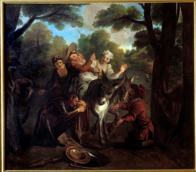 Don Quijote huijaa sancho vie talonpojan dulcineelle. Miguel de Cervantes Saavedran (1547-1616) "Nerokas herrasmies Don Quijote La Manchasta". Charles Antoine Coypelin (1694-1752) maalaus tekijältä Antoine Coypel