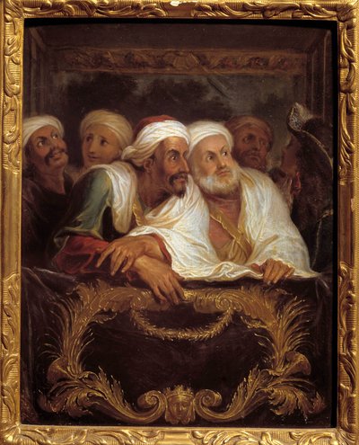 Marokon suurlähettiläs Mohamed Temin osallistumassa näytökseen italialaisen komedian loosissa Pariisissa helmikuussa 1682 Antoine Coypelin (1661-1722) maalaus 1600-luvun su. 0,28x0,22 m tekijältä Antoine Coypel