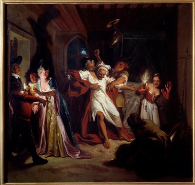 Nukkuva Don Quijote taistelee nahkoja vastaan. Miguel de Cervantes Saavedran (1547-1616) "Nerokas herrasmies Don Quijote La Manchasta". Charles Antoine Coypelin (1694-1752) maalaus vuodelta 1716. Öljy kankaalle. Mitat: 1,23 x 1,28 m. Compiegne, Musee Natio tekijältä Antoine Coypel