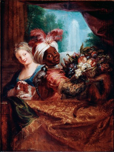 Nuori tyttö silitti koiraa ja musta palvelija esittelee hedelmäkorin Pieni apina makaa olkapäällään. Antoine Coypelin (1661-1722) maalaus Sun. 28x21,5 cm Pariisi, Musee du Louvre tekijältä Antoine Coypel