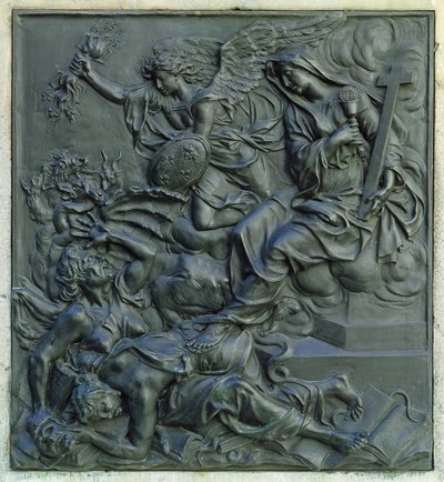 Ranskan enkeli karkottaa harhaoppisia, yksityiskohta Ludvig XIV:n patsaan jalustasta, n. 1687 (pronssi) tekijältä Antoine Coysevox