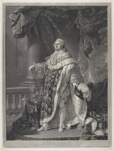 Le Sacre - Kuningas Ludvig XVI:n muotokuva kruunajaisissa, kaiverrus Charles-Clément Bervic (1756-1822) tekijältä Antoine Francois (after) Callet