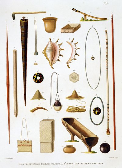 Talousvälineet ja aseet Mariaanisaarilta, Voyage autour du Monde (1817-20), Louis Claude De Saulces de Freycinet (1779-1842), kaiverrus Jean Louis Denis Coutant (1776-1831), s. tekijältä Antoine Germain Bevalet