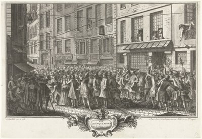 Rue Quinquempoix, 1720 Rue Quinquempoix vuonna 1720 (otsikko esineessä) Het Groote Tafereel der Dwaasheid (sarjan nimi) tekijältä Antoine Humblot