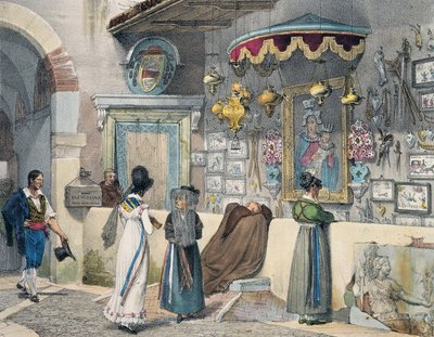 Kansalaiset palvomassa Roomassa, Antoine Jean-Baptiste Thomas (1791-1834), kaiverrus kirjasta Vuosi Roomassa, Ranska tekijältä Antoine Jean Baptiste Thomas