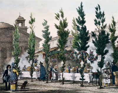 Ruokakeittimet Pantheonissa Pyhän Joosefin juhlan aikana, Antoine Jean-Baptiste Thomasin (1791-1834) kaiverrus Un an a Rome et dans ses environs (Yksi vuosi Roomassa ja sen ympäristössä), Ranska tekijältä Antoine Jean Baptiste Thomas