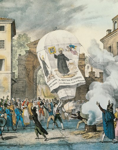 Kuumailmapallo San Giuseppe -päivää varten Roomassa, Antoine-Jean-Baptiste Thomas (1791-1833), print. Yksityiskohta. Italia tekijältä Antoine Jean Baptiste Thomas