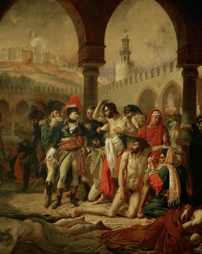 Keisari Napoleon I Bonaparte vierailee ruttoon sairastuneessa Jaffassa kenraaliensa Berthierin ja Bessieresin seurassa ... tekijältä Antoine Jean Gros