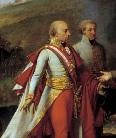 Napoleon I:n (1769-1821) ja Francois II:n haastattelu Sarutschitzissa Määrissä Austerlitzin taistelun jälkeen, 12.4.1805 Yksityiskohta Itävallan Francois II:sta (1768-1835) (vasemmalla) ja Liechtensteinin Johannes I:stä (1760-1836) ) (oikealla). Antoine Je tekijältä Antoine Jean Gros