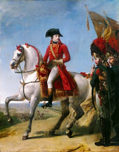 Napoleon Bonaparte, ensimmäinen konsuli, arvioi joukkojaan Marengon taistelun jälkeen tekijältä Antoine Jean Gros Baron